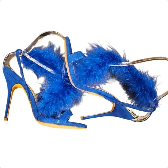Blue Feather High Heel Slingback Open Toe Sandals - Picture 3 of 8